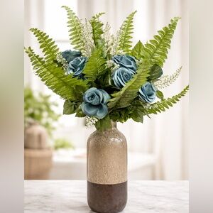 NWT Handmade Teal Blue Rose Floral Arrangement Ceramic Vase Home Decor